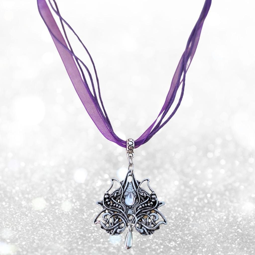 Moonstone Celt-Goth Filigree Pendant - Purple Ribbon Choker - Mythic Goddess - Thumbnail 3