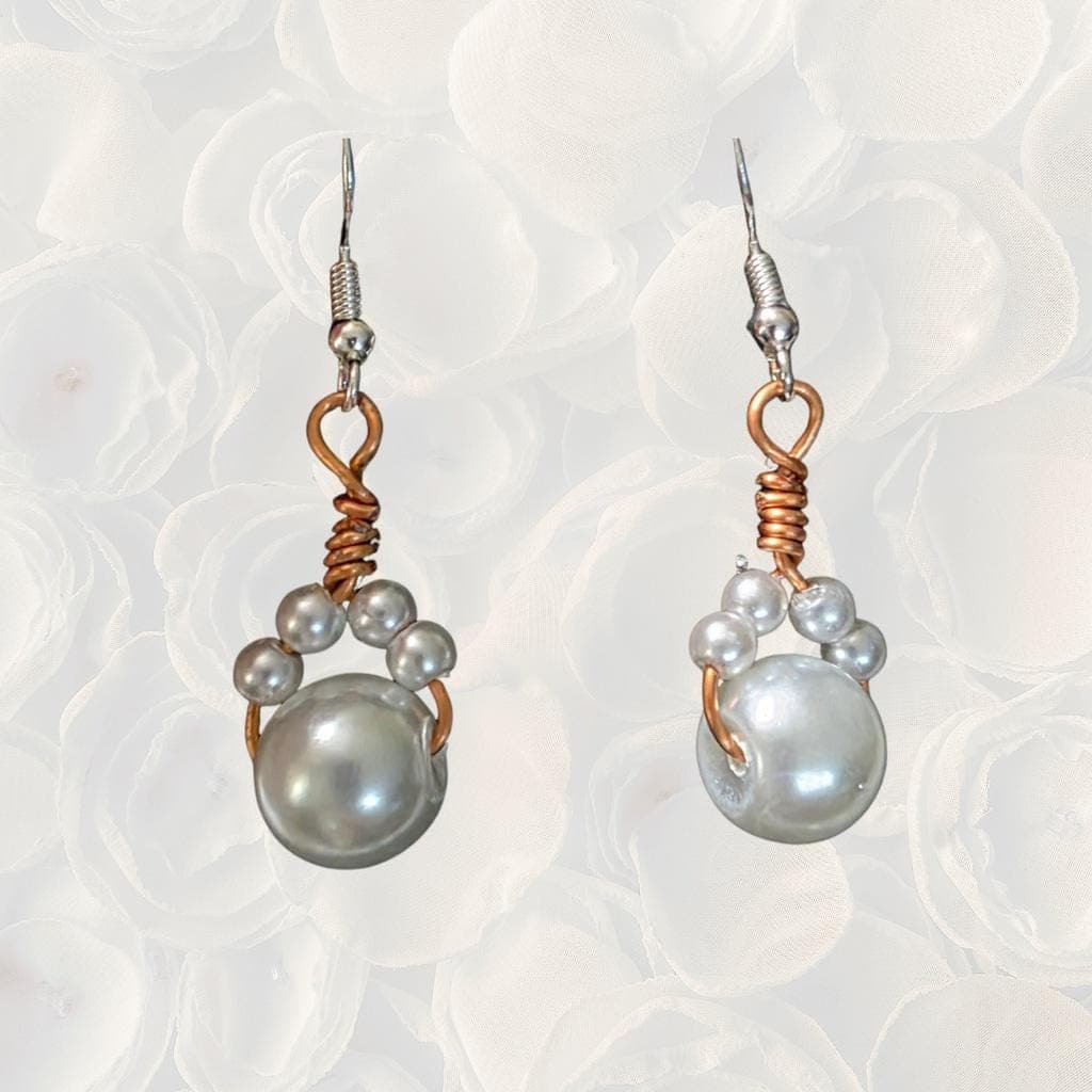 Handmade Pearl Cat Paw Earrings: Sterling Silver, Copper Wire Wrap, Whimsical Kitten Jewelry - Thumbnail 2