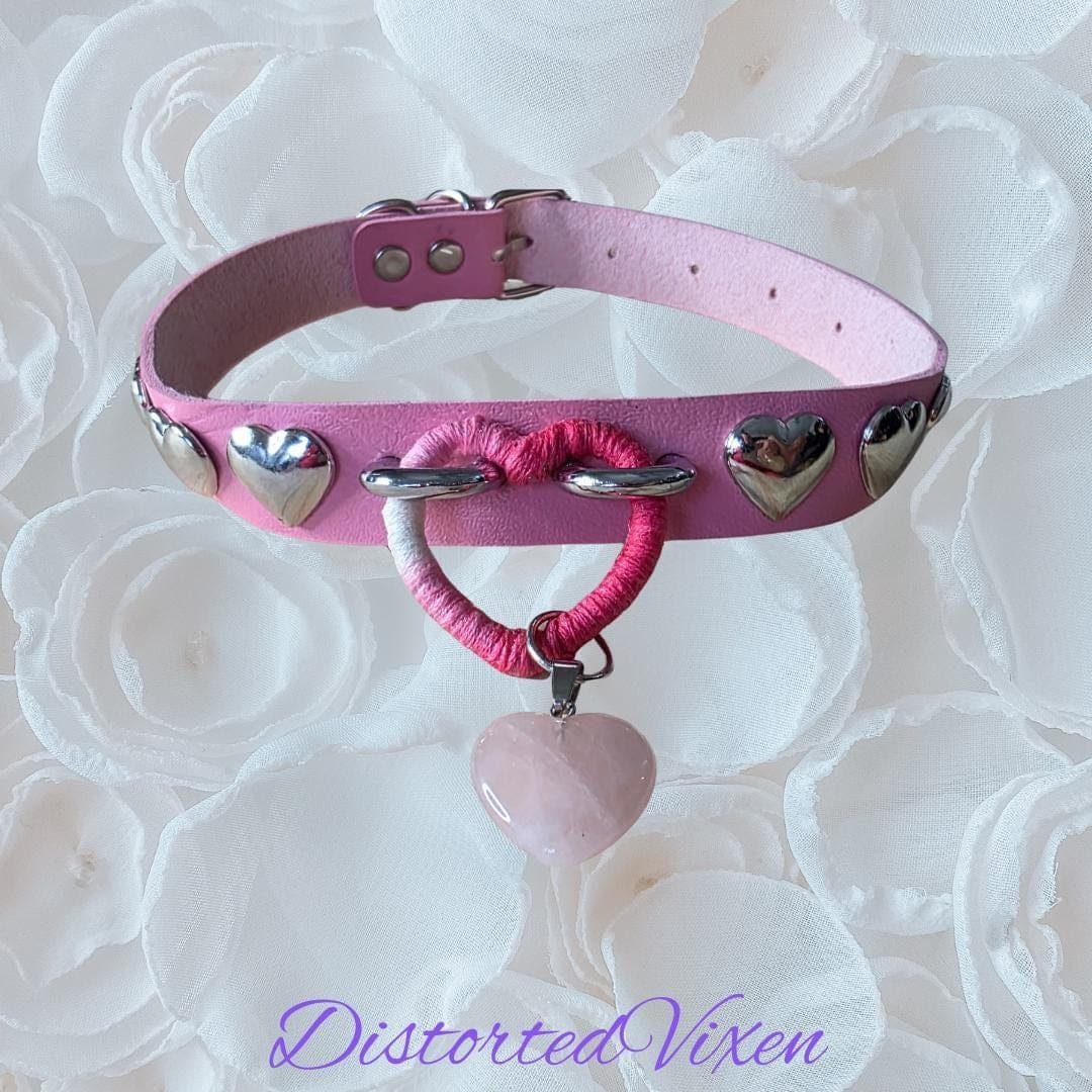 Pink Wrapped Heart Choker – Rose Quartz Charm Collar, Studded Gothic Necklace - Thumbnail 5