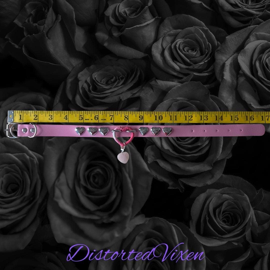 Pink Wrapped Heart Choker – Rose Quartz Charm Collar, Studded Gothic Necklace - Thumbnail 2