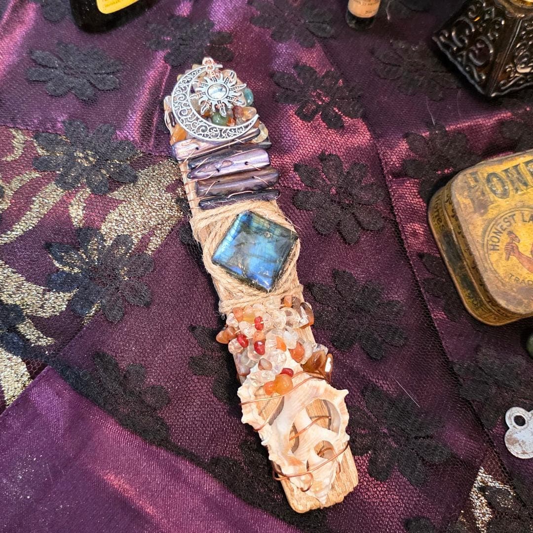 Handcrafted Driftwood Wand, Labradorite, Copper Wrapped Crystals, Sunrise Sunset Moon Charm - Thumbnail 6