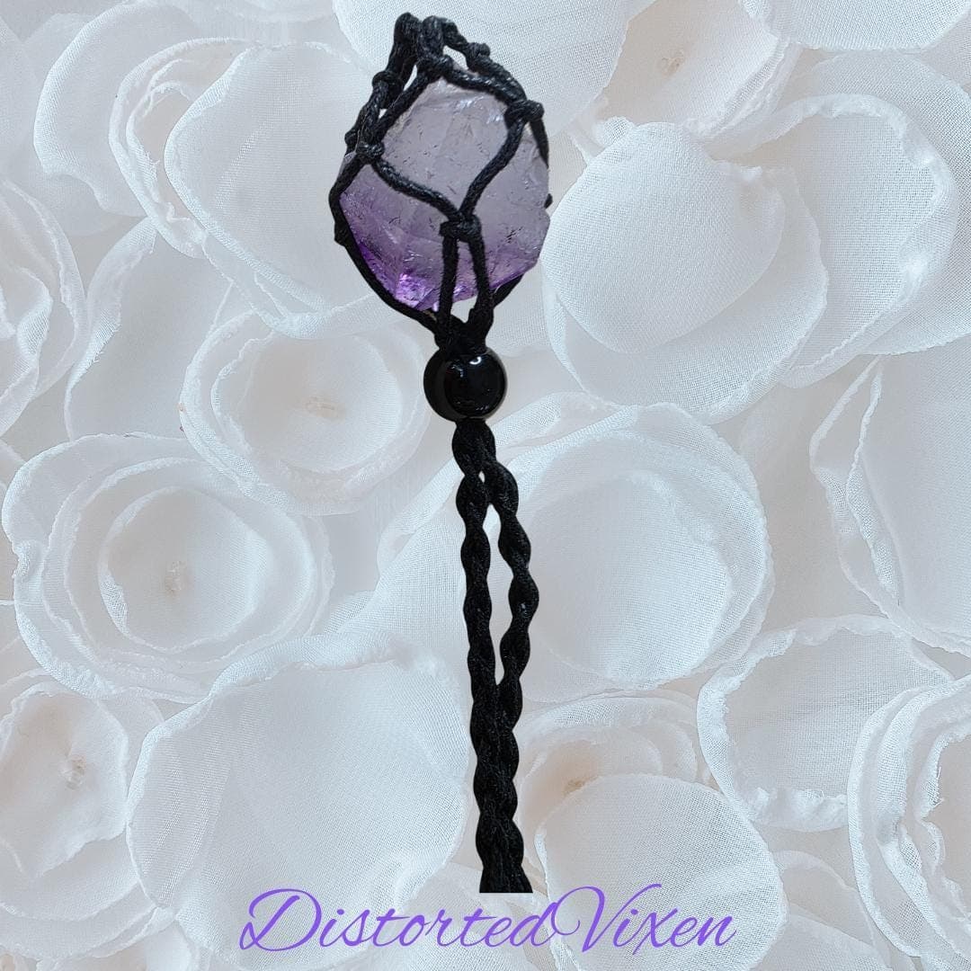 Amethyst Crystal Necklace — Adjustable Macramé Pouch — Intuition & Protection Jewelry - Thumbnail 13