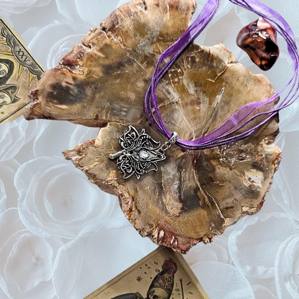Moonstone Celt-Goth Filigree Pendant - Purple Ribbon Choker - Mythic Goddess - Thumbnail 5