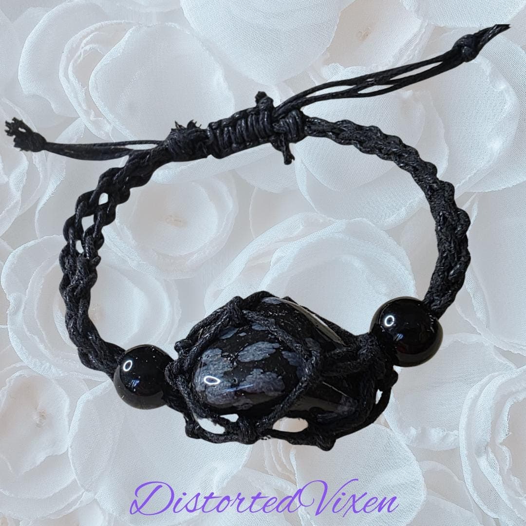 Handmade Snowflake Obsidian Macrame Necklace or Bracelet, Alt Goth Talisman - Thumbnail 9