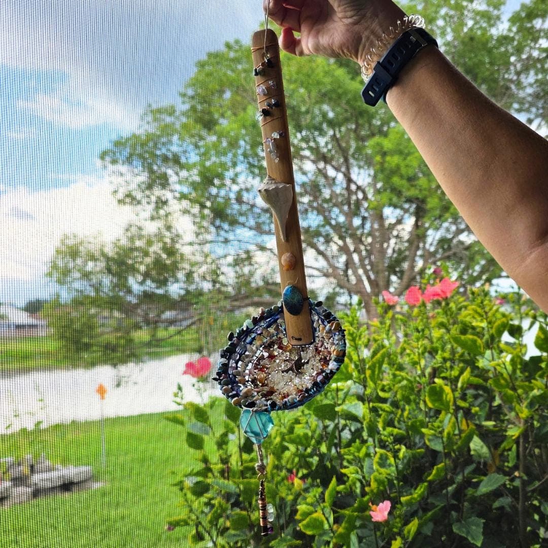 Handwoven Vintage Strainer Suncatcher – Abalone, Sea Glass, Crystals, Copper Key, Coastal Art - Thumbnail 7