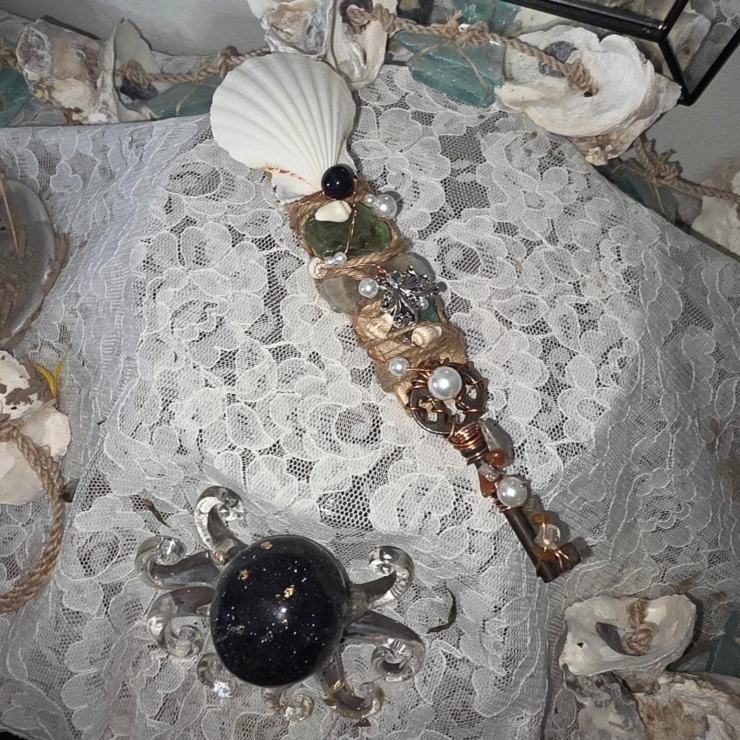 Handcrafted Driftwood Wand, Octopus Charm, Citrine, Carnelian, Copper Wrapped Key, Ocean Magic Tool - Thumbnail 8