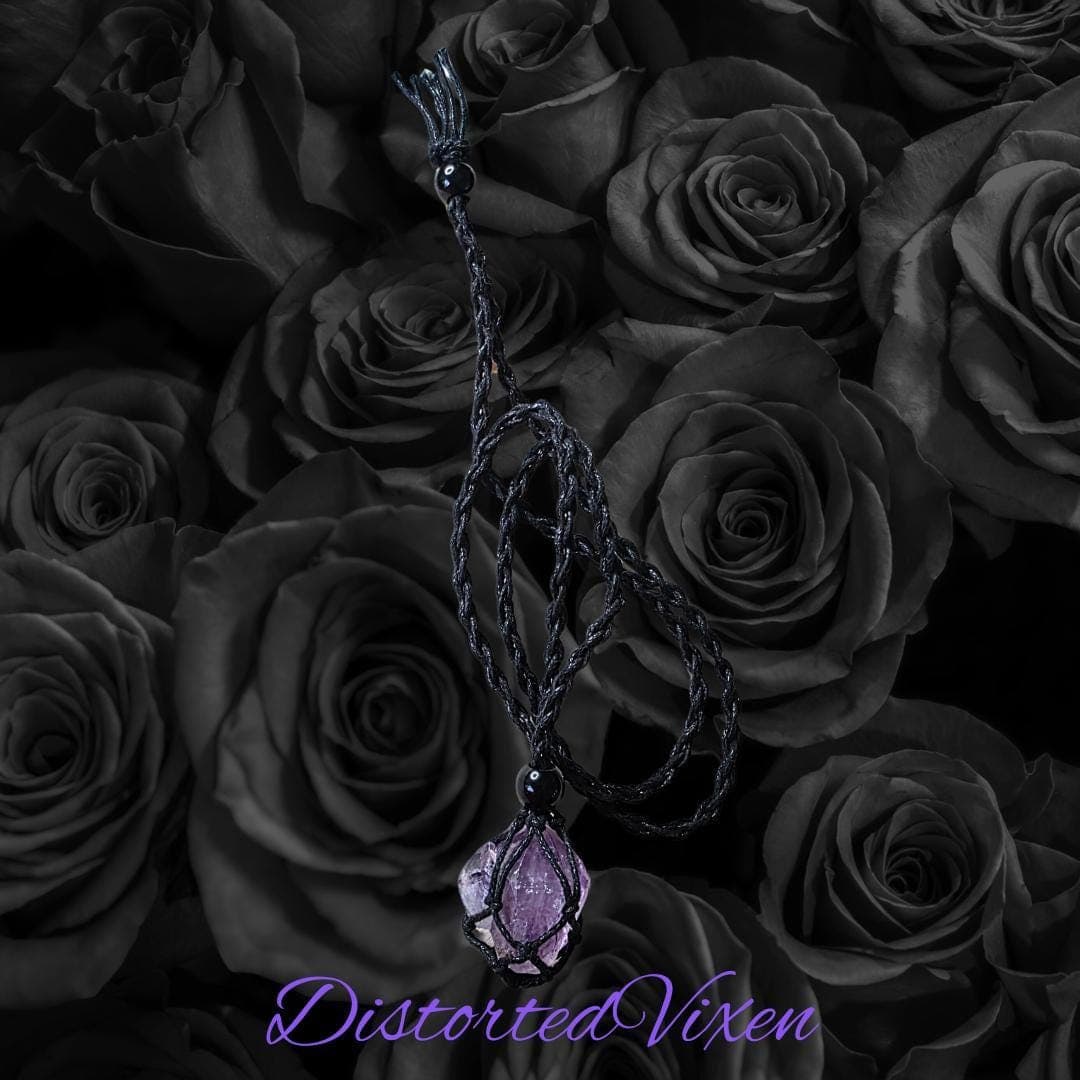 Amethyst Crystal Necklace — Adjustable Macramé Pouch — Intuition & Protection Jewelry - Thumbnail 3