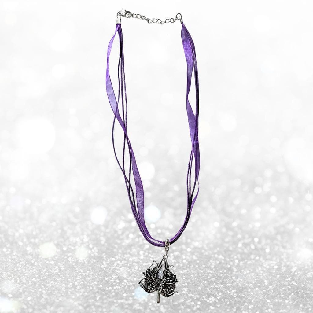 Moonstone Celt-Goth Filigree Pendant - Purple Ribbon Choker - Mythic Goddess - Thumbnail 7