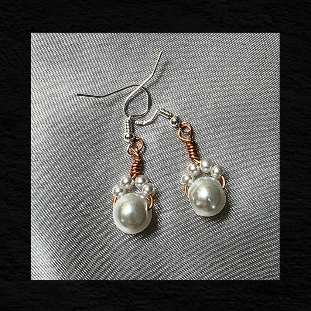 Handmade Pearl Cat Paw Earrings: Sterling Silver, Copper Wire Wrap, Whimsical Kitten Jewelry - Thumbnail 3