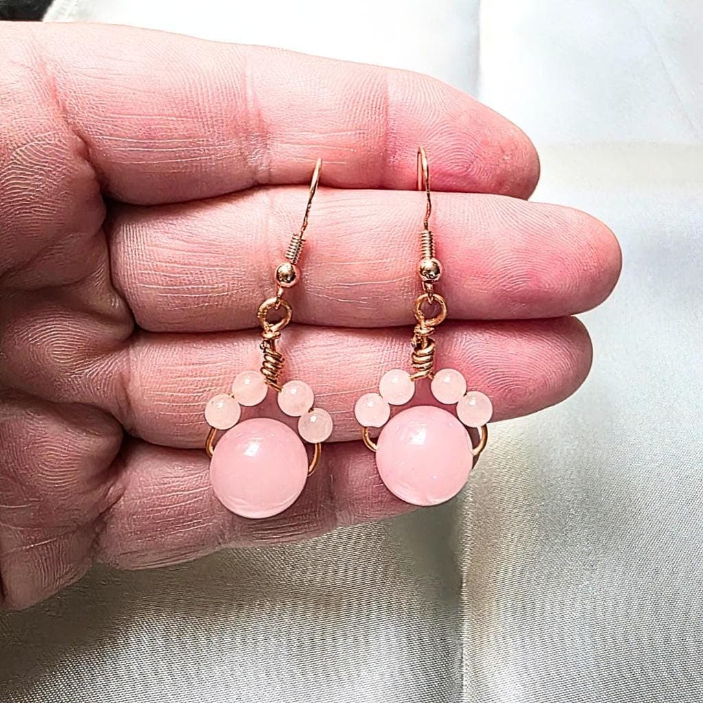 Rose Quartz "Paw" Earrings – Copper Wrapped & Sterling Silver Glow cat paw - Thumbnail 2