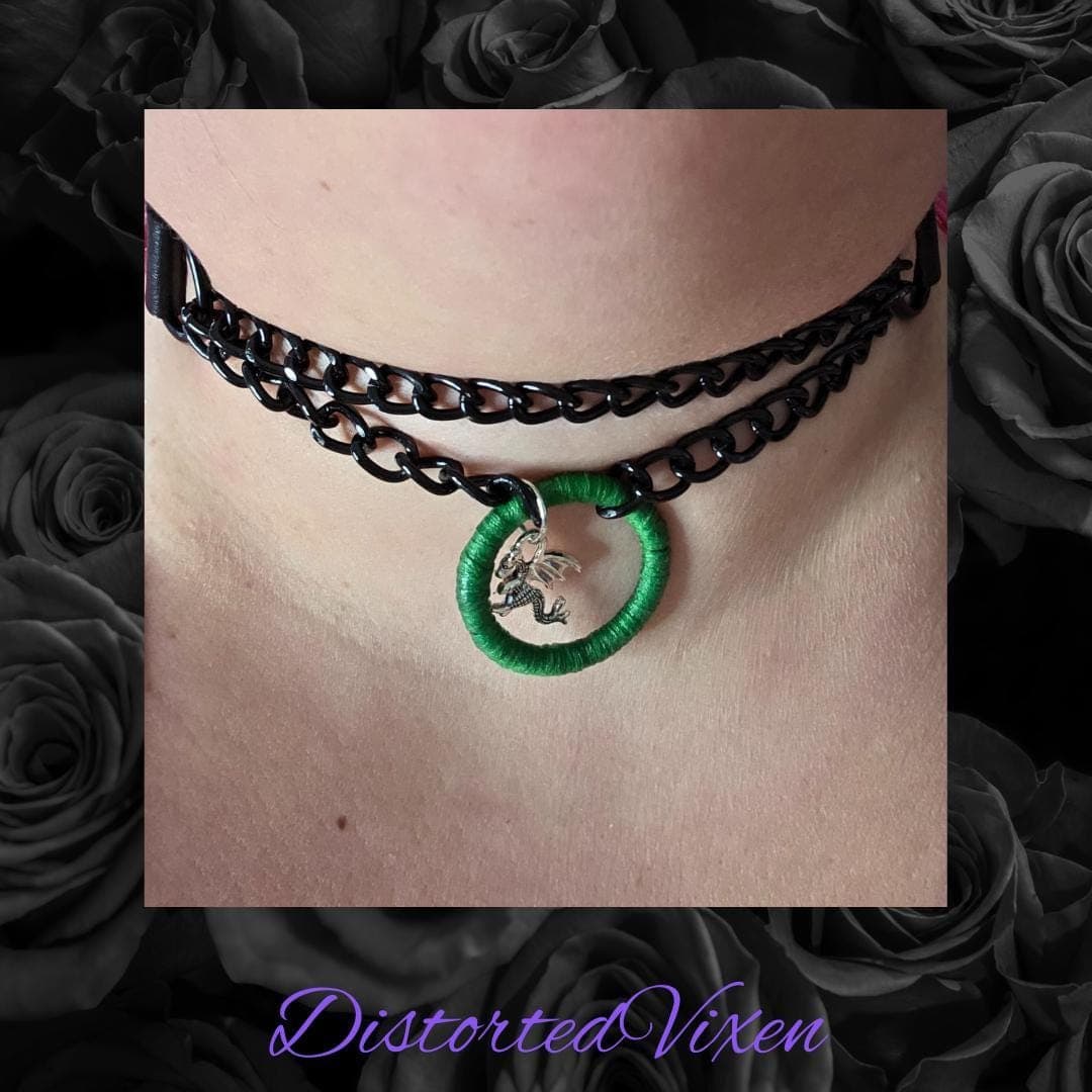 Green Wrapped Dragon Choker – Double Chain Gothic Collar - Thumbnail 8