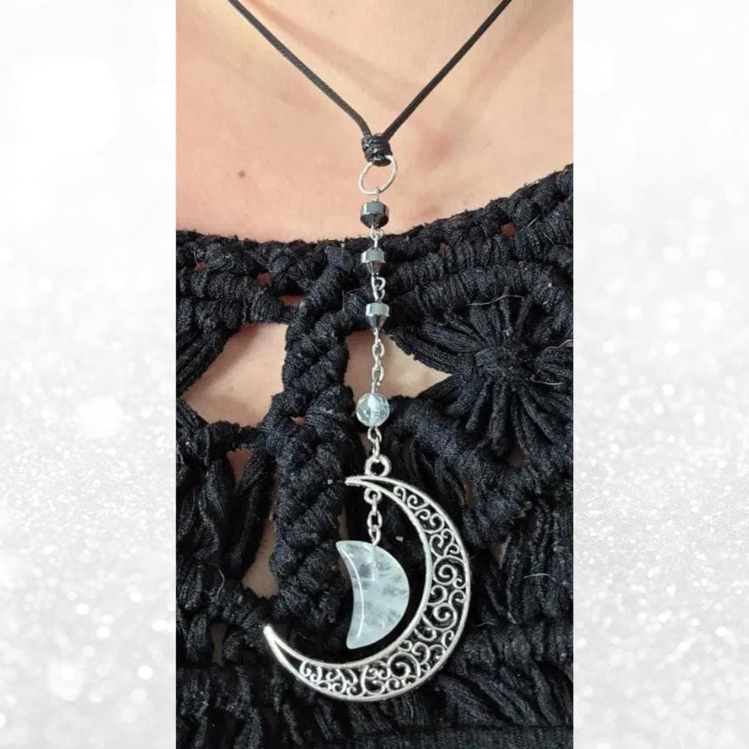 Quartz Moon Pendant Necklace, Hematite Grounding Beads, Witchy Goth Jewelry
