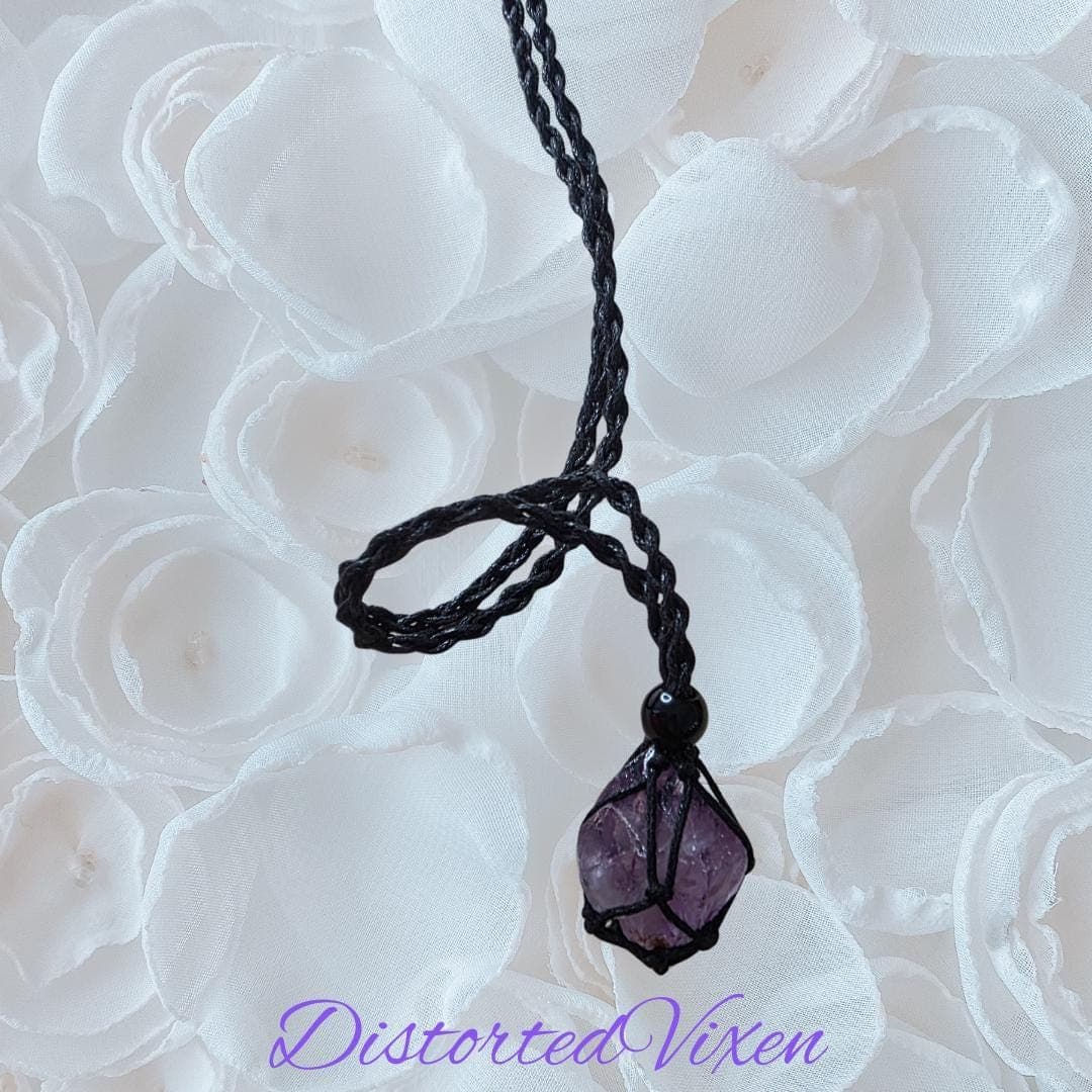 Amethyst Crystal Necklace — Adjustable Macramé Pouch — Intuition & Protection Jewelry - Thumbnail 10