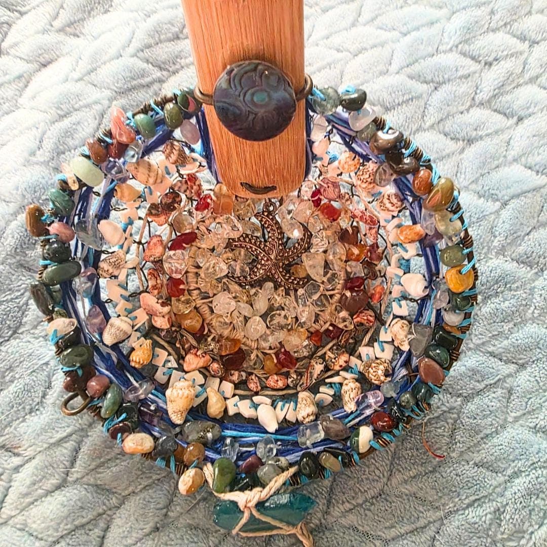 Handwoven Vintage Strainer Suncatcher – Abalone, Sea Glass, Crystals, Copper Key, Coastal Art - Thumbnail 10