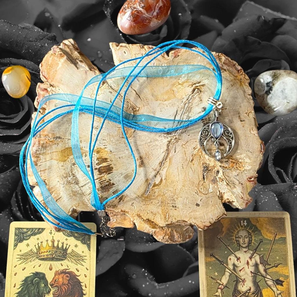 Gothic Armor Hecate Moon Goddess Necklace - Blue Celestial Talisman -choker - Thumbnail 5
