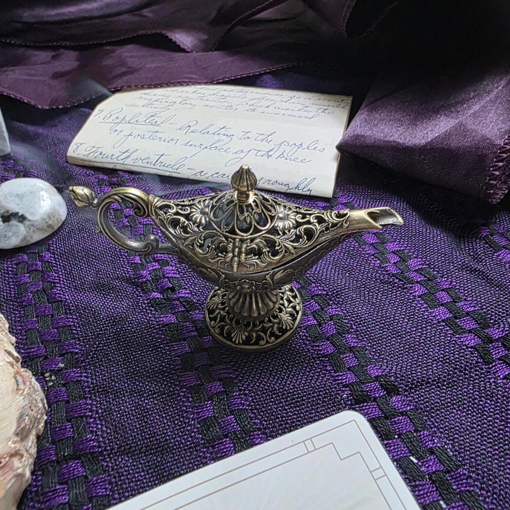 Mini Brass Genie Lamp Incense Burner – Magic Oil Lamp Censer for Altar - Thumbnail 6