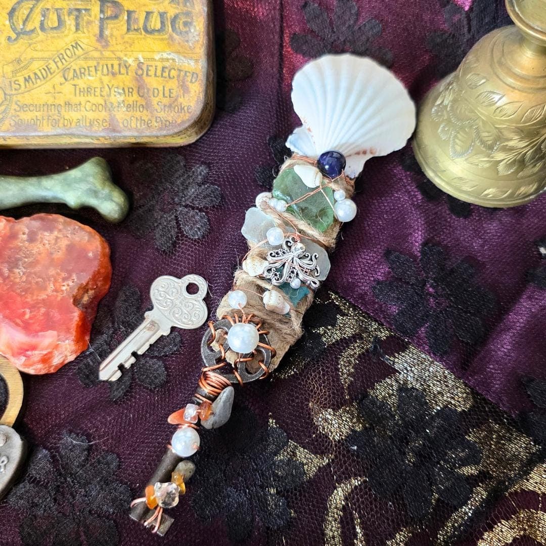 Handcrafted Driftwood Wand, Octopus Charm, Citrine, Carnelian, Copper Wrapped Key, Ocean Magic Tool - Thumbnail 2