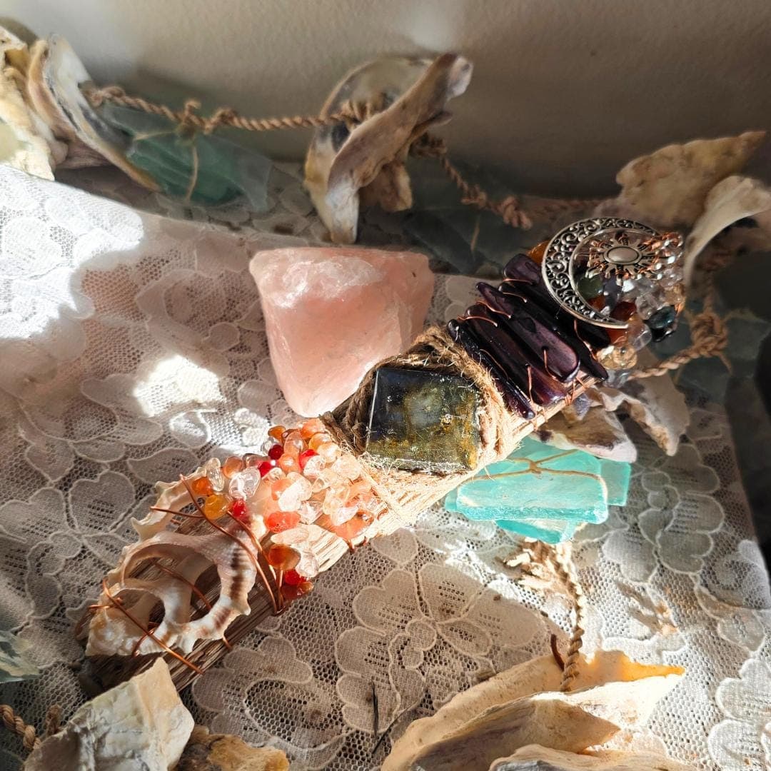 Handcrafted Driftwood Wand, Labradorite, Copper Wrapped Crystals, Sunrise Sunset Moon Charm - Thumbnail 2