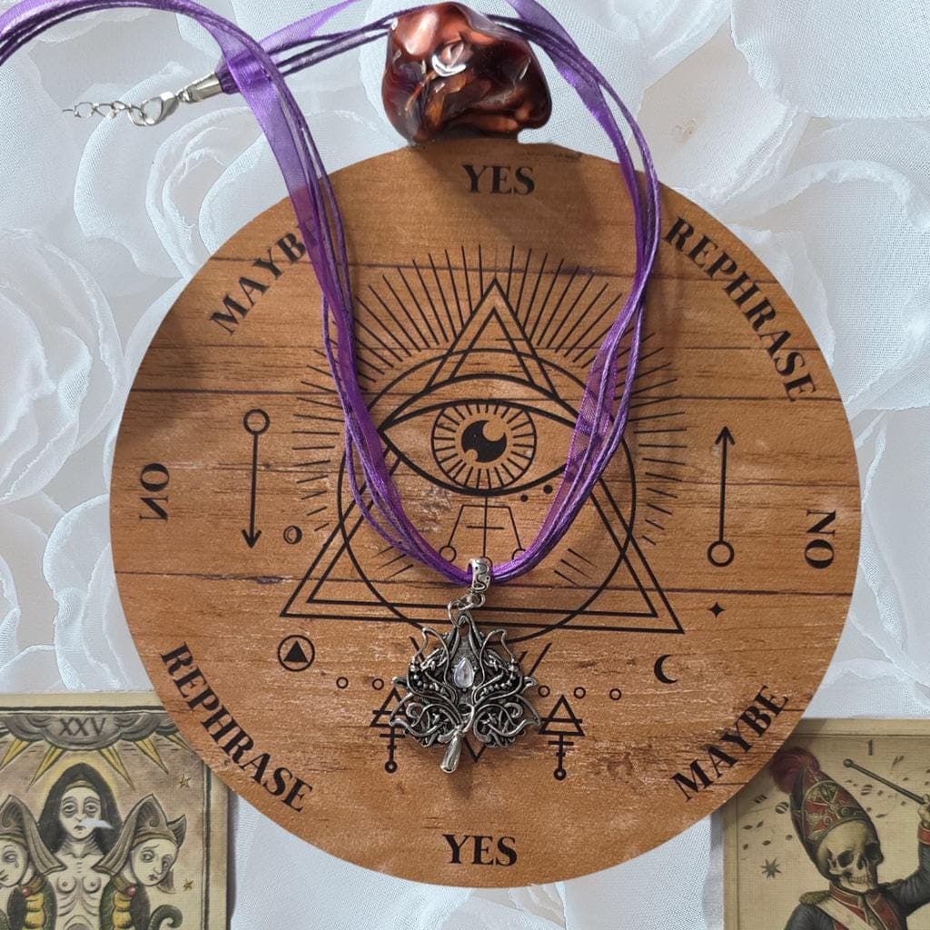 Moonstone Celt-Goth Filigree Pendant - Purple Ribbon Choker - Mythic Goddess - Thumbnail 4