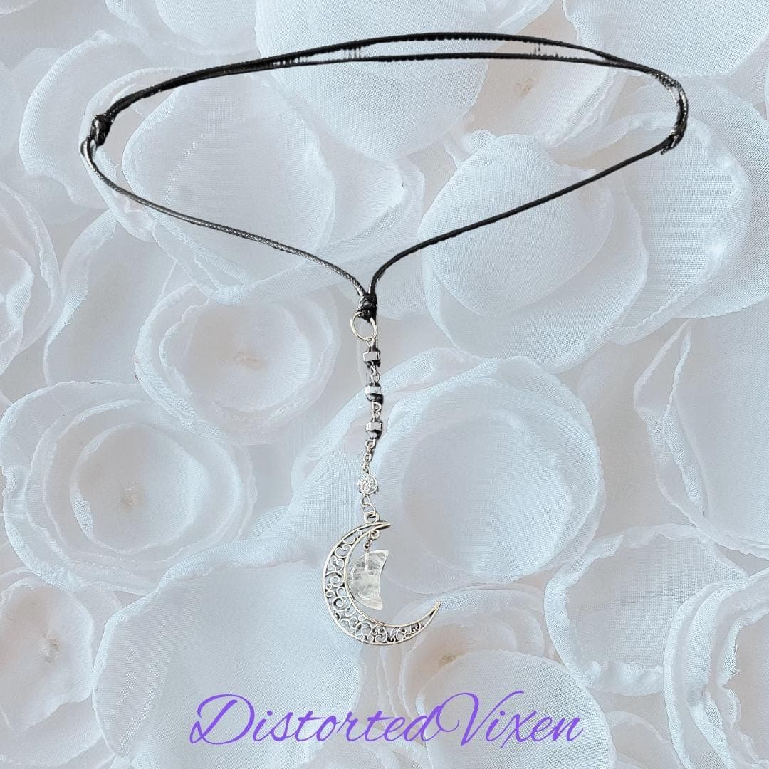 Quartz Moon Pendant Necklace, Hematite Grounding Beads, Witchy Goth Jewelry - Thumbnail 5