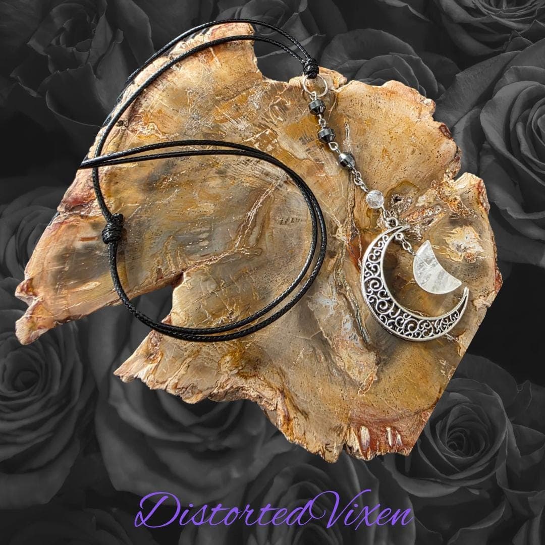 Quartz Moon Pendant Necklace, Hematite Grounding Beads, Witchy Goth Jewelry - Thumbnail 8