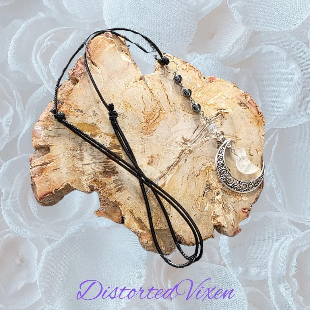 Quartz Moon Pendant Necklace, Hematite Grounding Beads, Witchy Goth Jewelry - Thumbnail 2