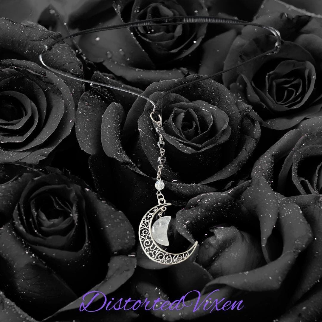 Quartz Moon Pendant Necklace, Hematite Grounding Beads, Witchy Goth Jewelry - Thumbnail 6