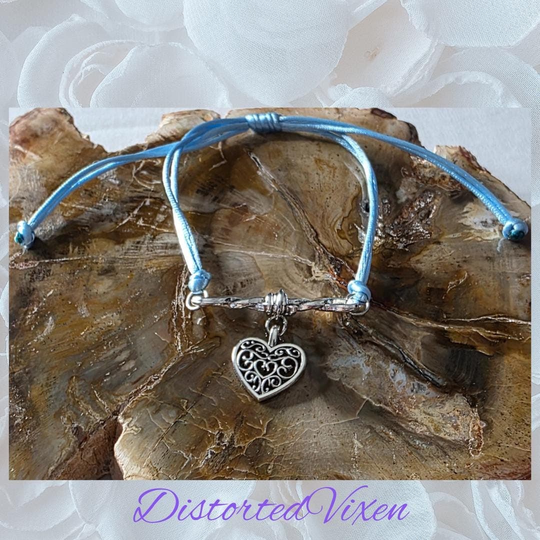 Barbed Wire Heart Stacker Bracelet - Adjustable Blue Cord Goth Jewelry - Edgy Alt Gift - Thumbnail 6