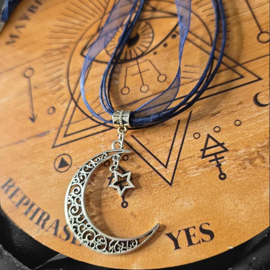 Celestial Crescent Moon & Star Necklace | Midnight Blue Lace Choker | Dark - Thumbnail 4