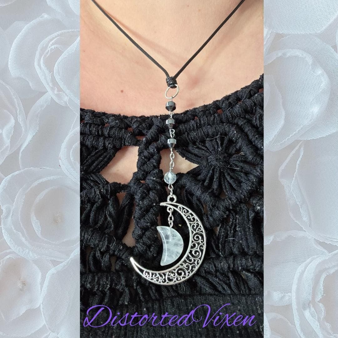 Quartz Moon Pendant Necklace, Hematite Grounding Beads, Witchy Goth Jewelry - Thumbnail 3