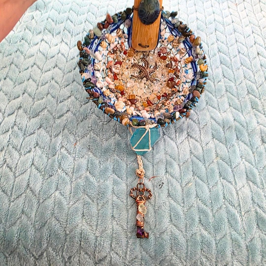 Handwoven Vintage Strainer Suncatcher – Abalone, Sea Glass, Crystals, Copper Key, Coastal Art - Thumbnail 5