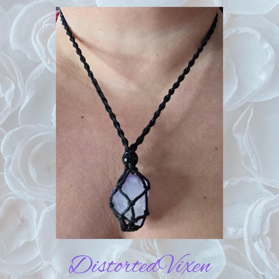 Amethyst Crystal Necklace — Adjustable Macramé Pouch — Intuition & Protection Jewelry - Thumbnail 12