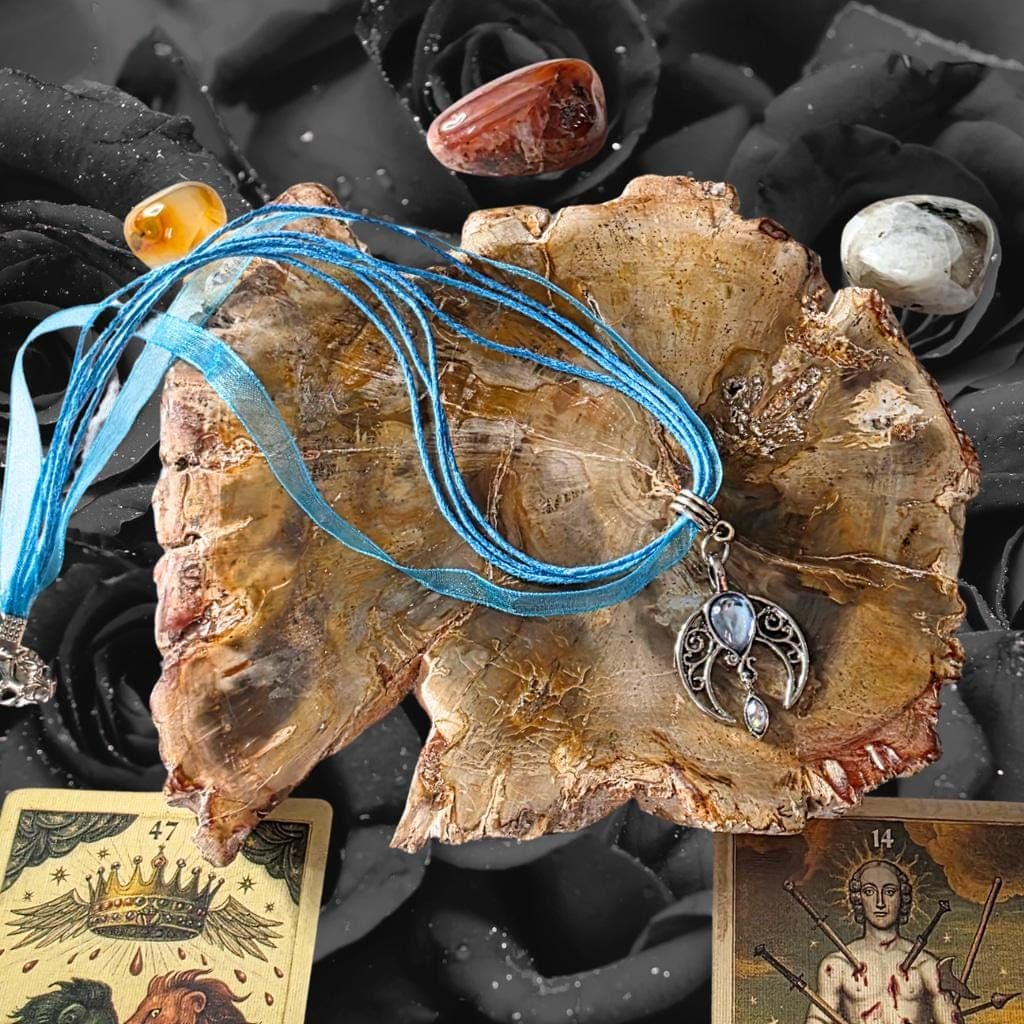 Gothic Armor Hecate Moon Goddess Necklace - Blue Celestial Talisman -choker - Thumbnail 8