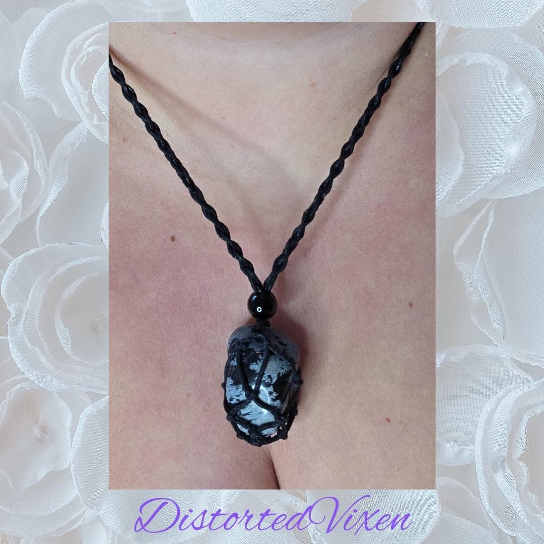 Handmade Snowflake Obsidian Macrame Necklace or Bracelet, Alt Goth Talisman - Thumbnail 4