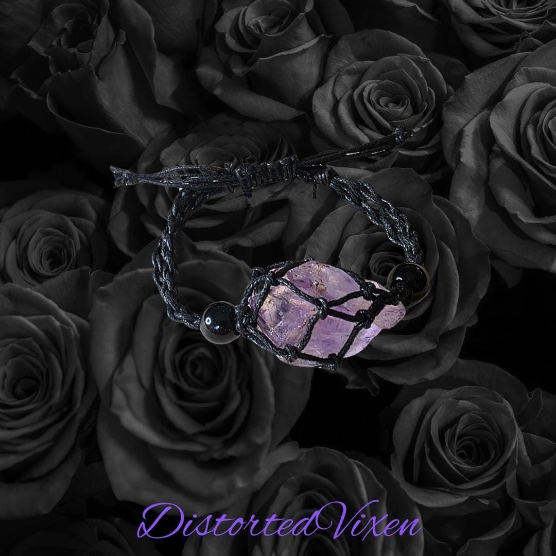 Amethyst Crystal Bracelet – Adjustable Macramé Pouch – Healing & Intuition Jewelry - Thumbnail 2