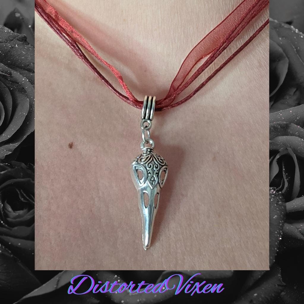 Silver Raven Skull Filigree Necklace | Dark Boho Gothic Jewelry on Red Ribbon - Thumbnail 7