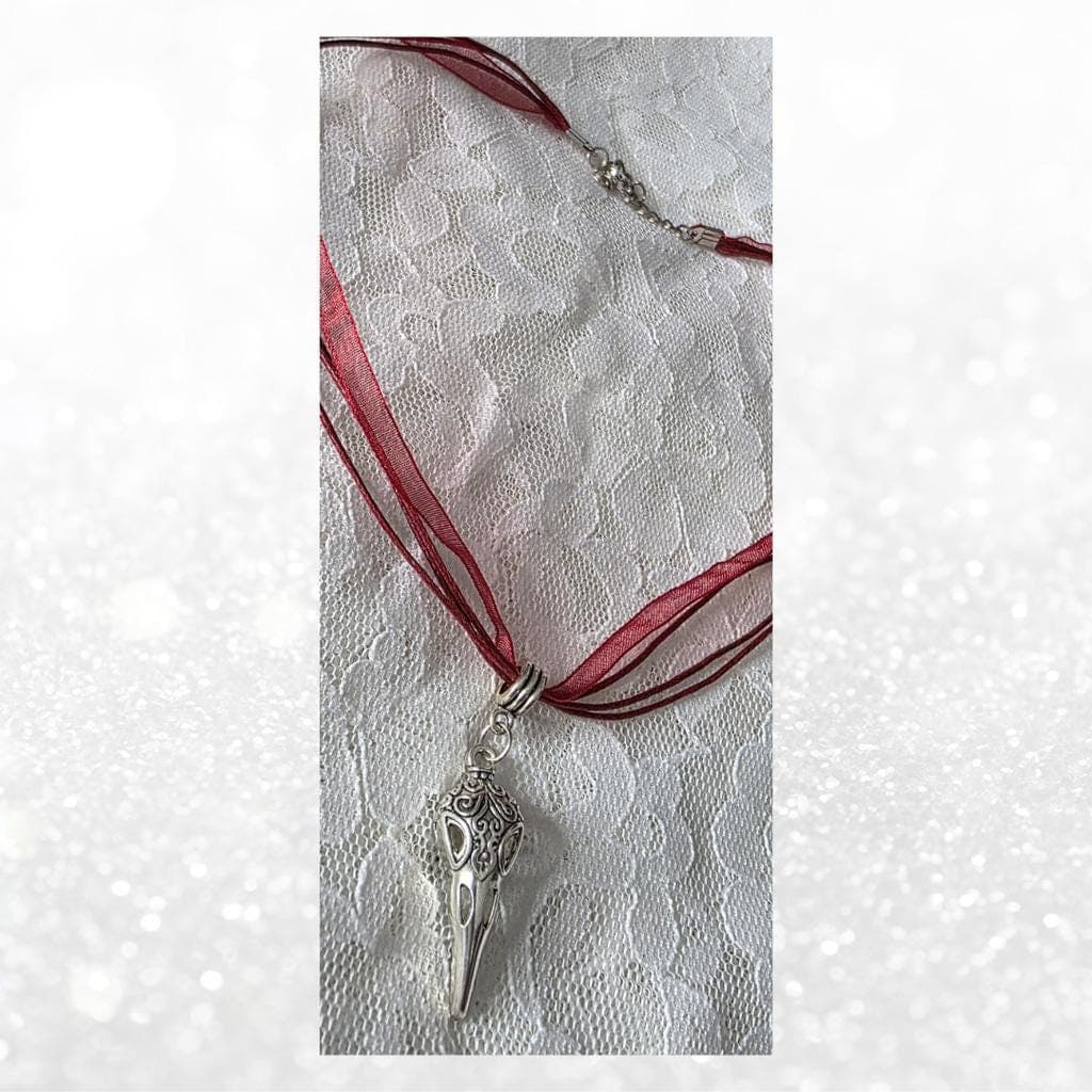 Silver Raven Skull Filigree Necklace | Dark Boho Gothic Jewelry on Red Ribbon - Thumbnail 2