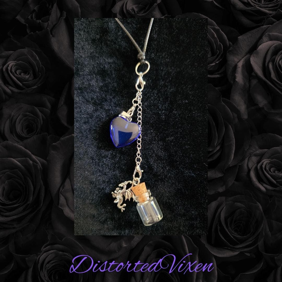 Blue Heart Dragon Charm Necklace: Gothic Spell Bottle Pendant - Thumbnail 5