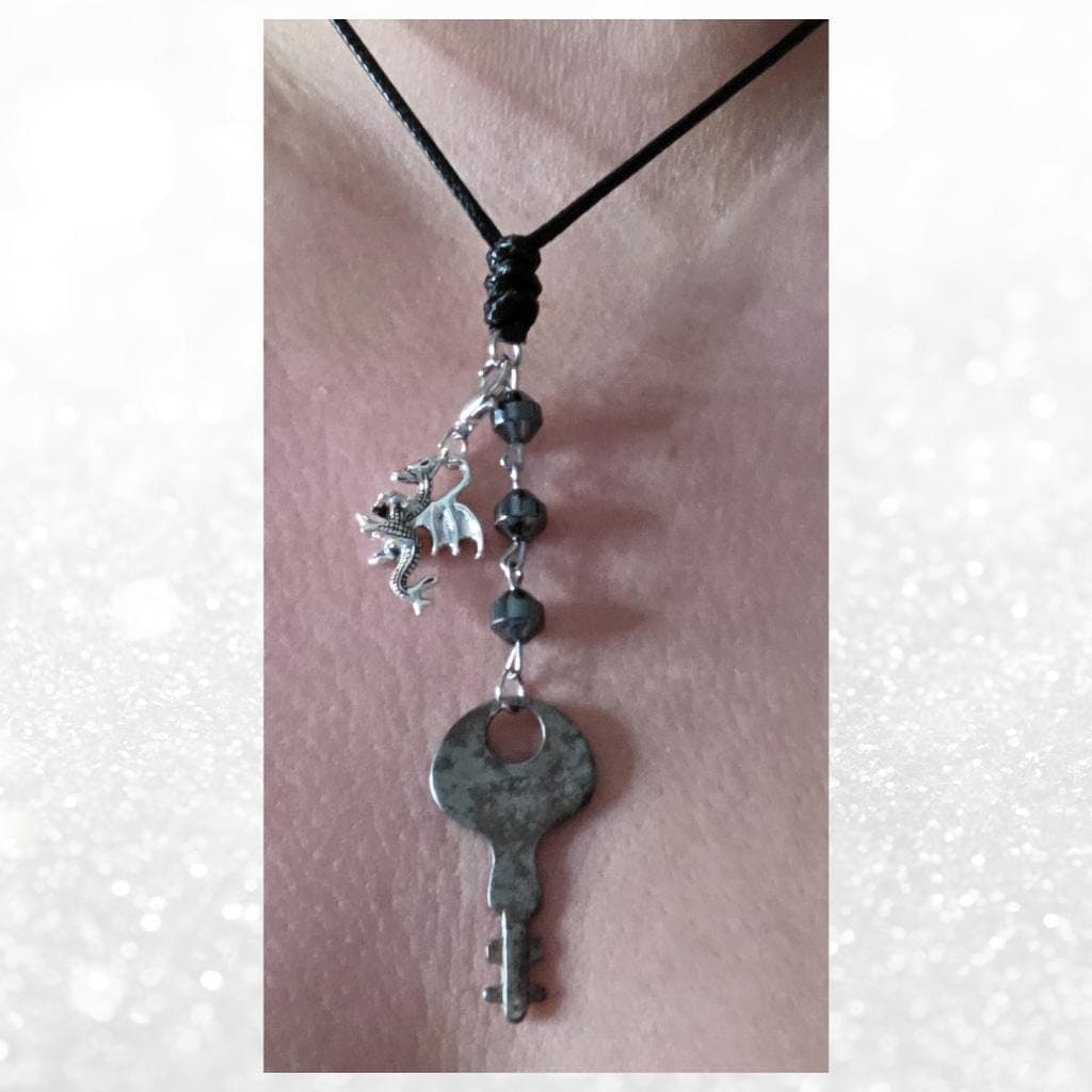 Antique Skeleton Key & Dragon Necklace - Hematite Grounding Jewelry - Thumbnail 2