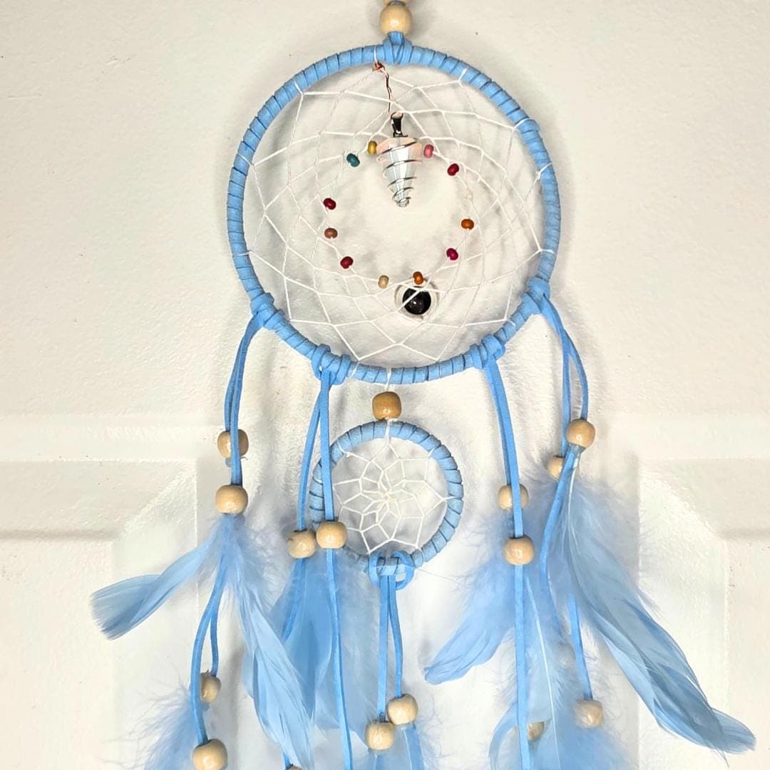 The Aura Weaver Sky Blue Dreamcatcher with Wire Wrapped Opal Pendulum Talisman - Thumbnail 4