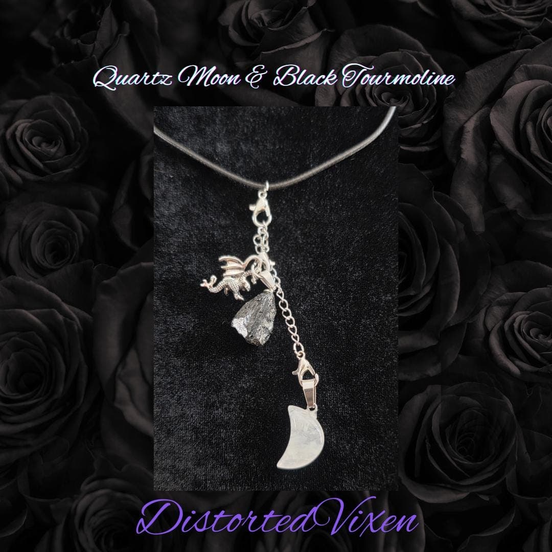 Quartz Moon & Black Tourmaline Necklace: Silver Dragon Charm, Adjustable Witchy Jewelry - Thumbnail 4