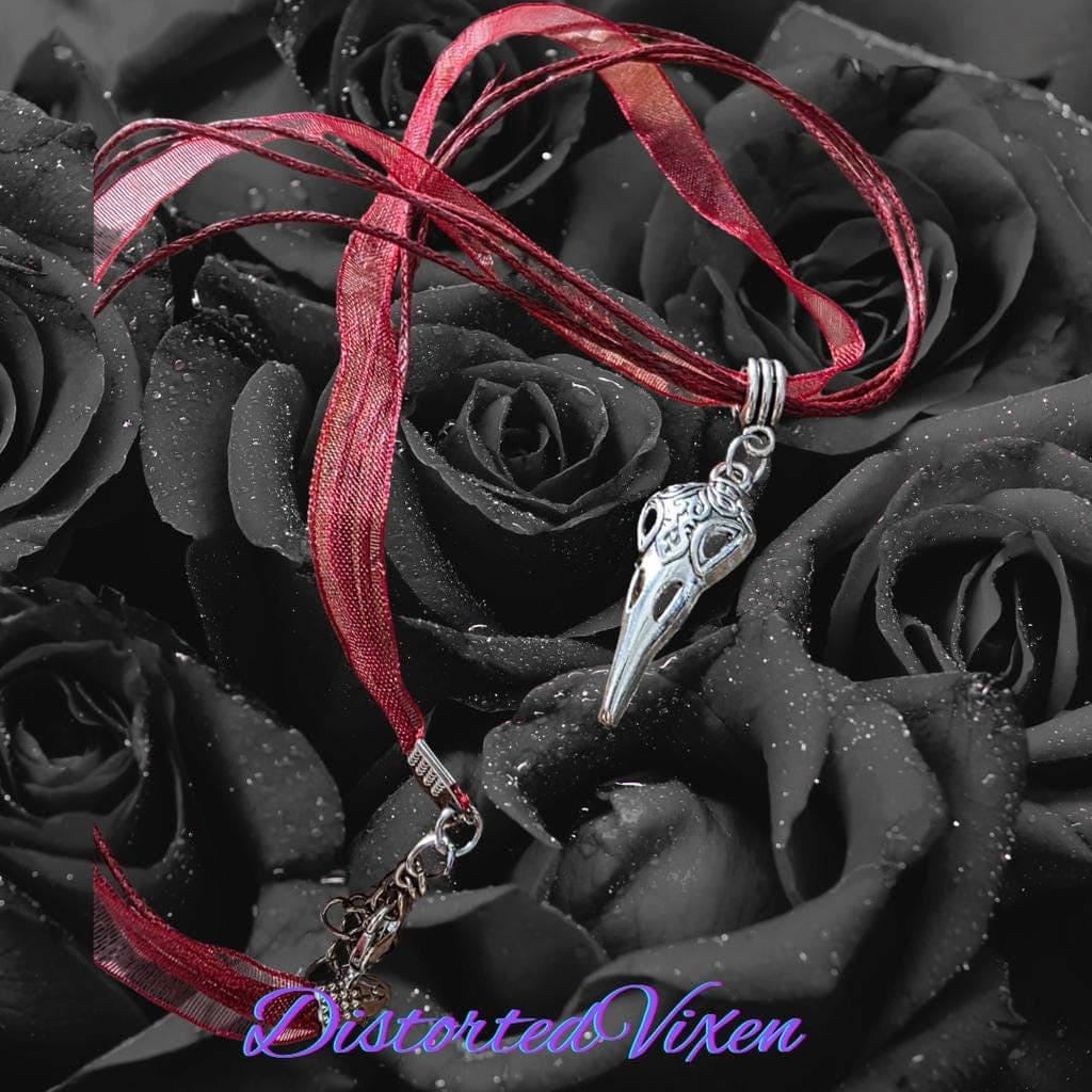 Silver Raven Skull Filigree Necklace | Dark Boho Gothic Jewelry on Red Ribbon - Thumbnail 6