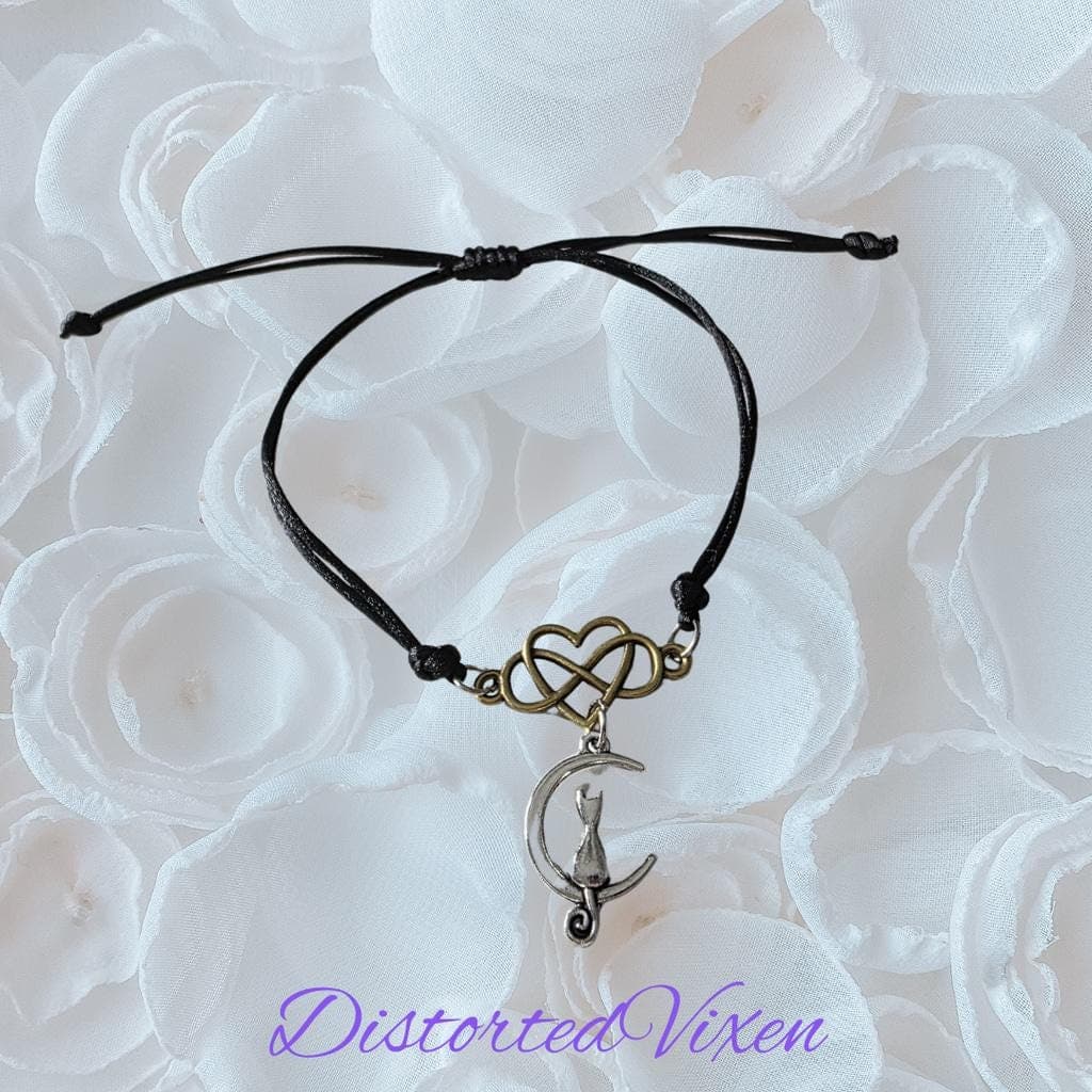 Celestial Cat Moon Bracelet - Infinity Heart Charm - Black Silk Cord Mixed Metal - Thumbnail 2