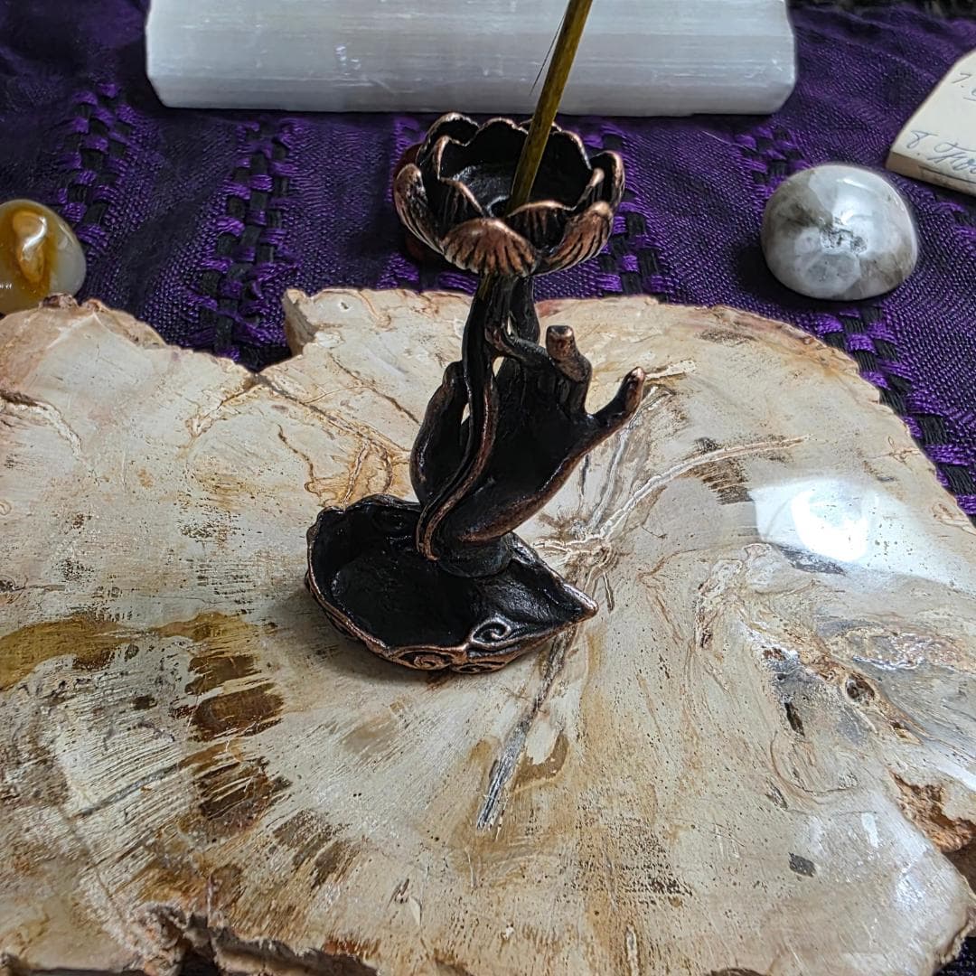 Antiqued Brass Buddha Hand Incense Holder | Lotus Censer, Zen Desk Decor - Thumbnail 7