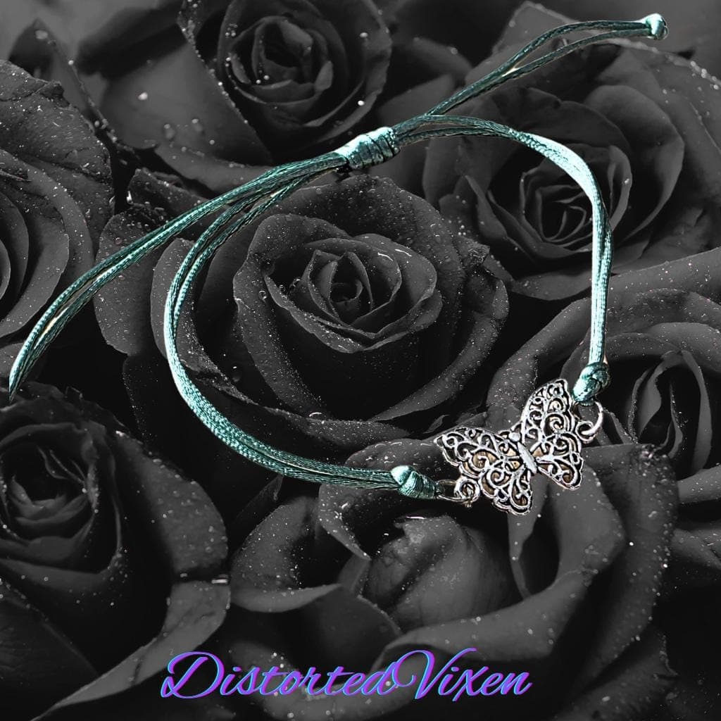 Silver Filigree Butterfly Bracelet - Sage Green Silk Cord - Ethereal Whimsigoth - Thumbnail 3