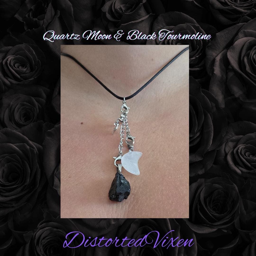 Quartz Moon & Black Tourmaline Necklace: Silver Dragon Charm, Adjustable Witchy Jewelry - Thumbnail 2