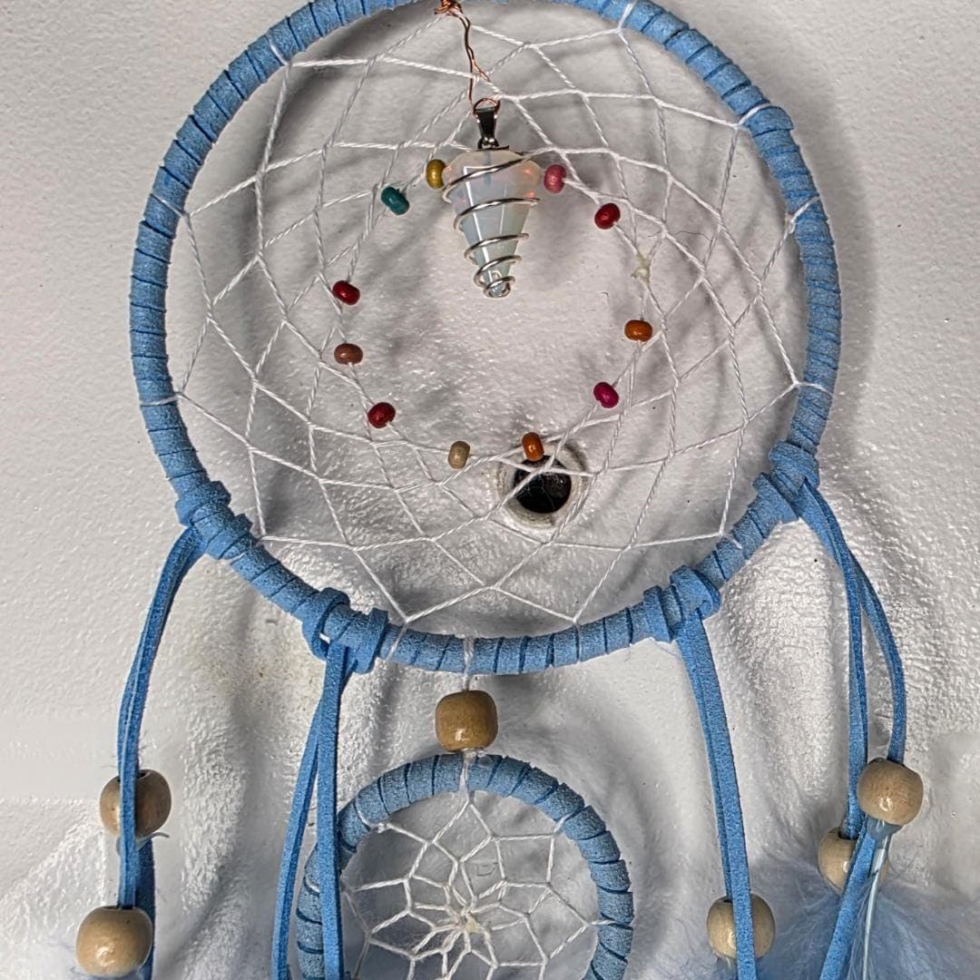 The Aura Weaver Sky Blue Dreamcatcher with Wire Wrapped Opal Pendulum Talisman - Thumbnail 6
