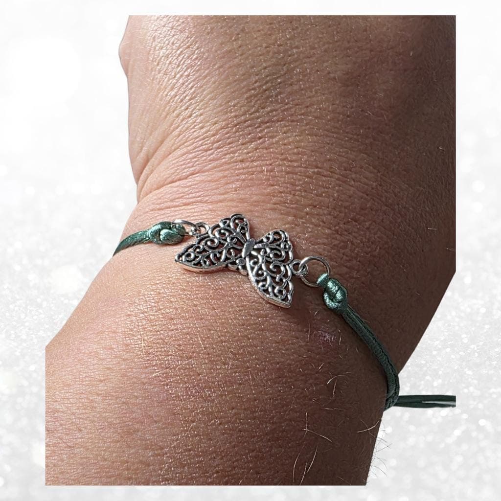 Silver Filigree Butterfly Bracelet - Sage Green Silk Cord - Ethereal Whimsigoth - Thumbnail 2