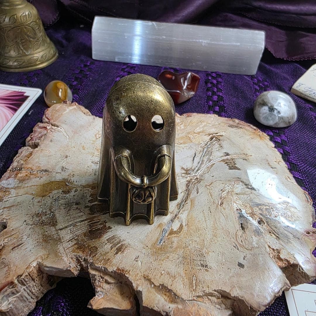 Gothic Brass Ghost Incense Burner | Spooky Halloween Bat & Spiderweb Figurine, Metaphysical Altar Decor Censer - Thumbnail 3