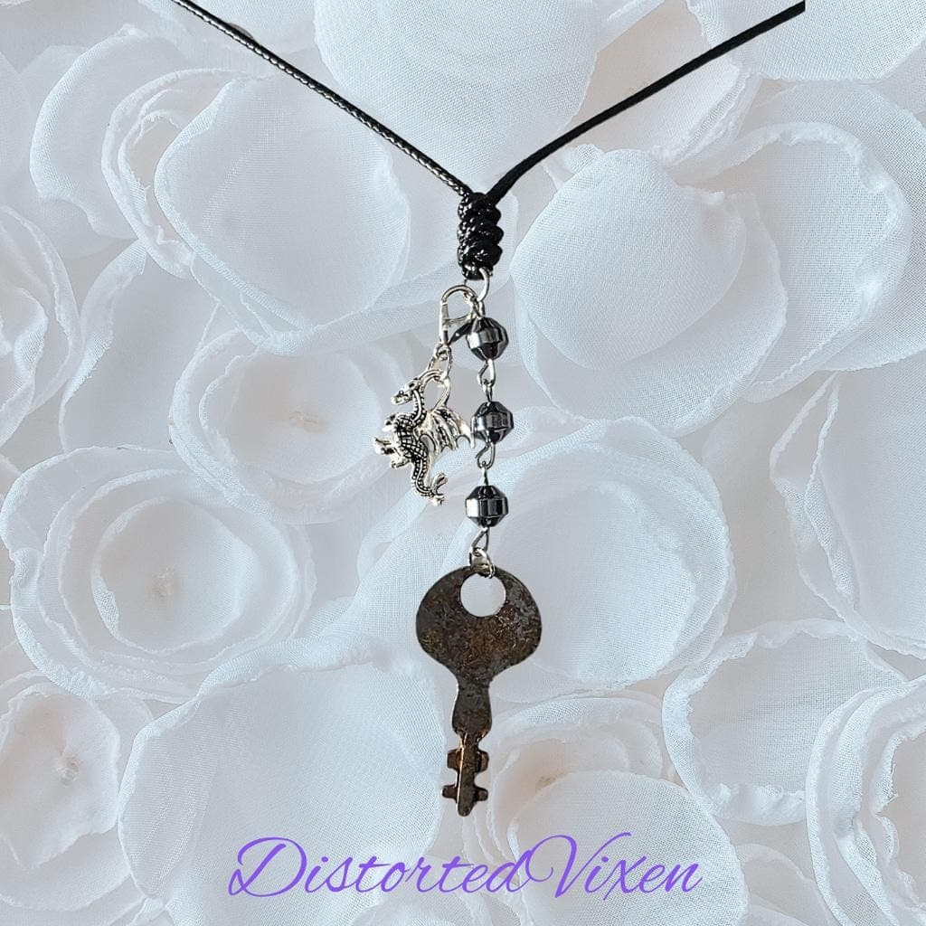 Antique Skeleton Key & Dragon Necklace - Hematite Grounding Jewelry - Thumbnail 3